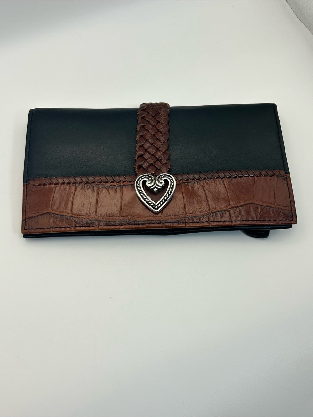 Brighton Two-tone Leather Braided Wallet Black Brown Silver Plated Heart Vintage - Picture 2 of 13